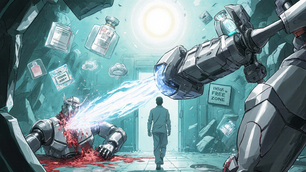 A heroic saline spray lance cleanses a damaged nasal tunnel while a broken decongestant robot lies defeated.