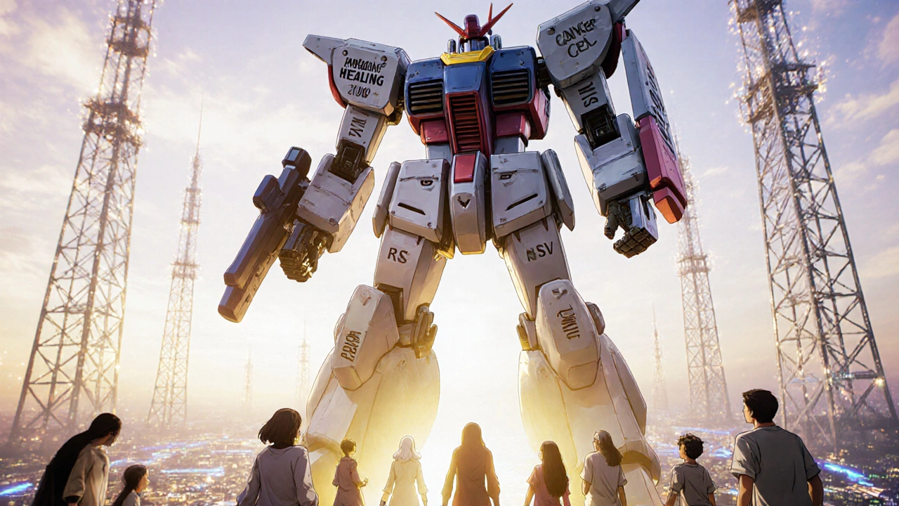 A massive mRNA vaccine robot transforming into a healing mech, radiating golden light over diverse people beneath global data towers.