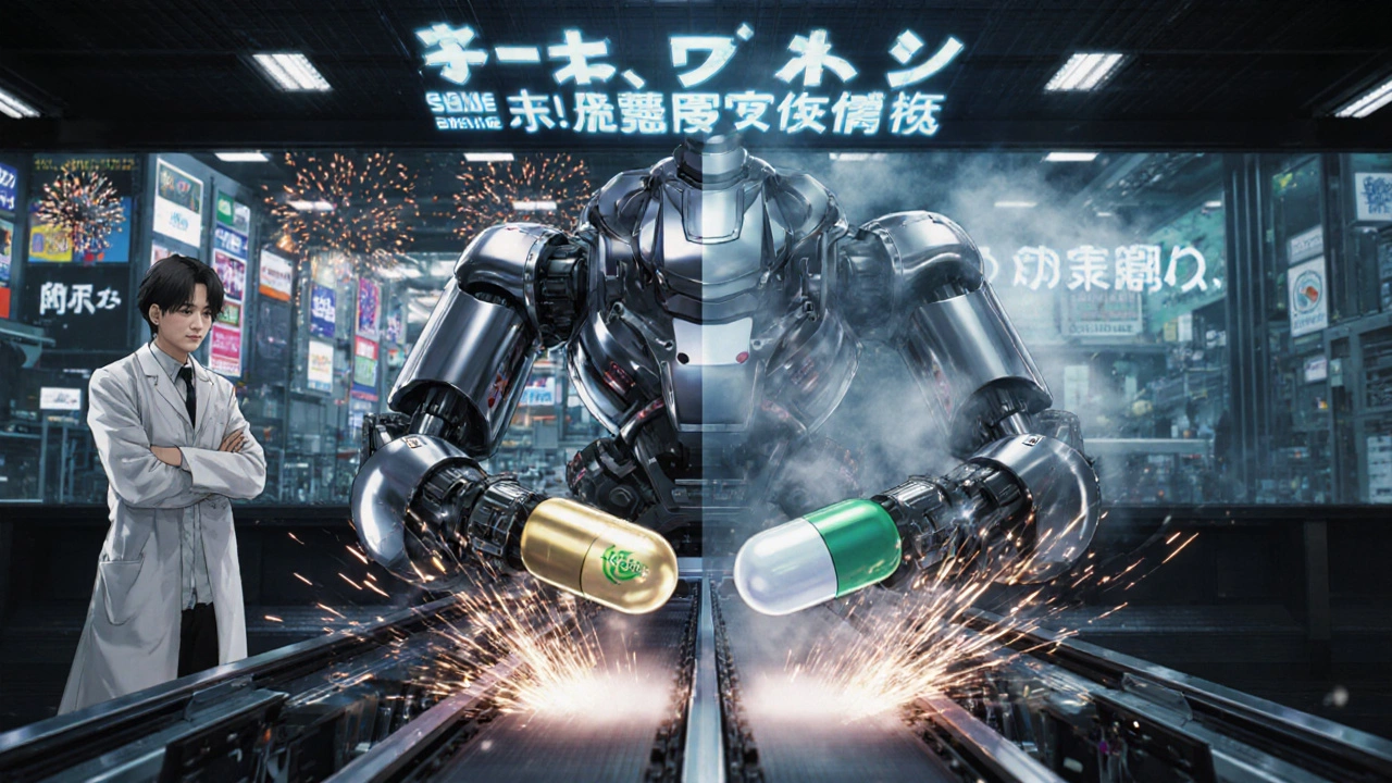 A mechanical arm placing identical pills on a conveyor, with ads on one side and quiet manufacturing on the other.