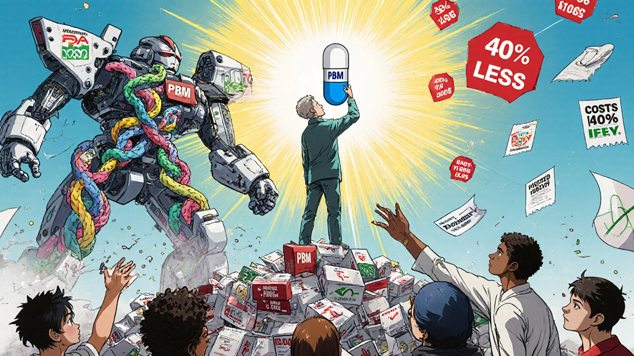 A patient holding an authorized generic capsule atop a pile of brand-name boxes, as a robotic symbol of high costs breaks apart.