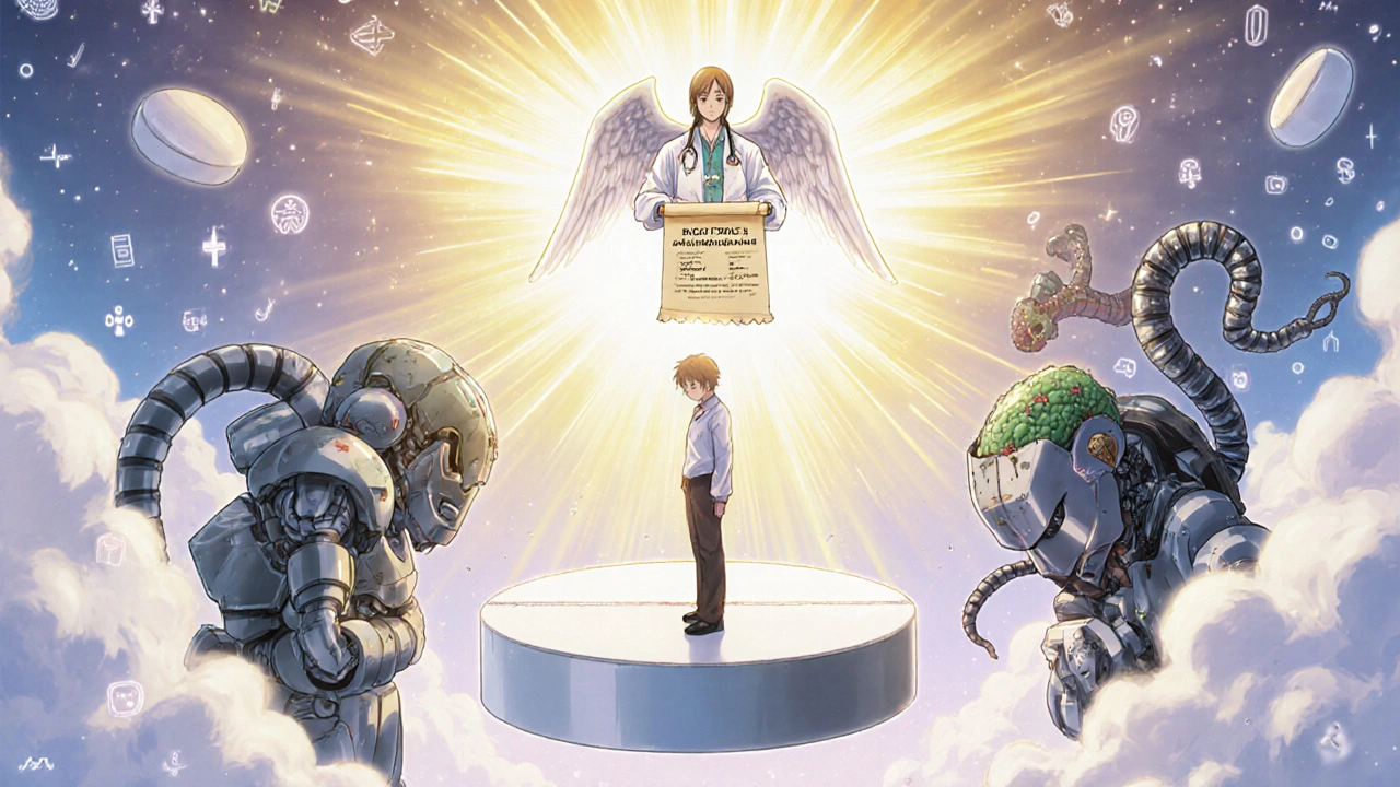 A patient stands on a pill platform as robot alternatives bow before a doctor-angel.