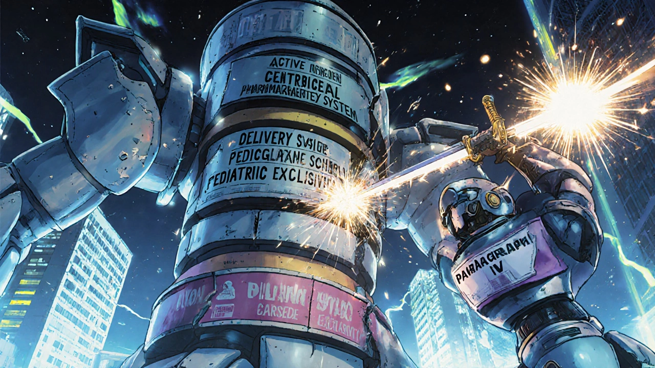 A pharmaceutical robot with layered armor peeling away as a generic robot attacks with a legal certification sword.