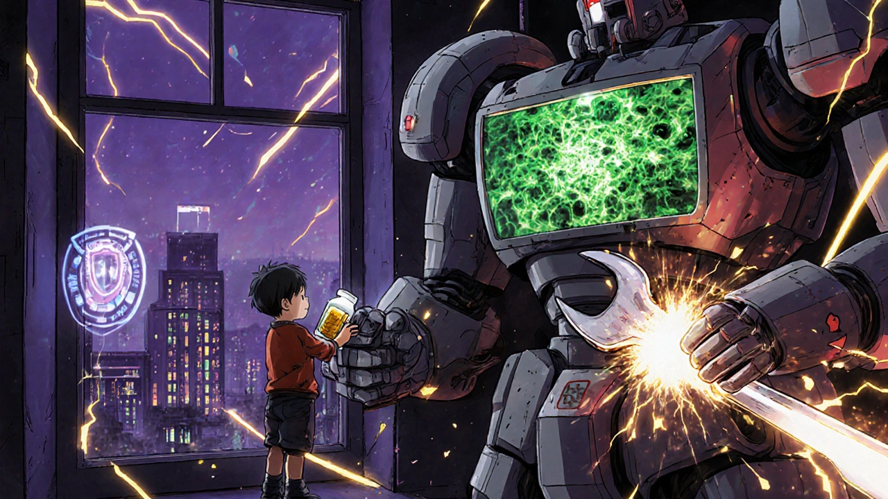 A robot blocks a child from reaching expired medicine, with chemical molecules splitting into stable and corrupted forms.