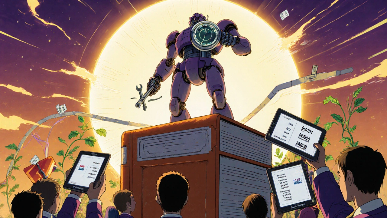 A robotic pharmacist scanning a holographic timeline of drug patents, with citizens below holding price tags under a sunset glow.