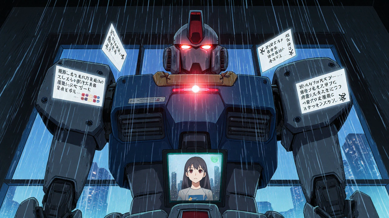 A smart pill dispenser robot glows with alerts, digital notifications hovering as rain falls outside.