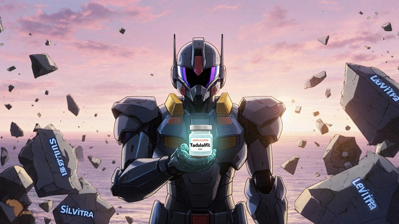 A soldier holds a Tadalafil pill amid broken robot fragments, dawn light reflecting off their helmet.