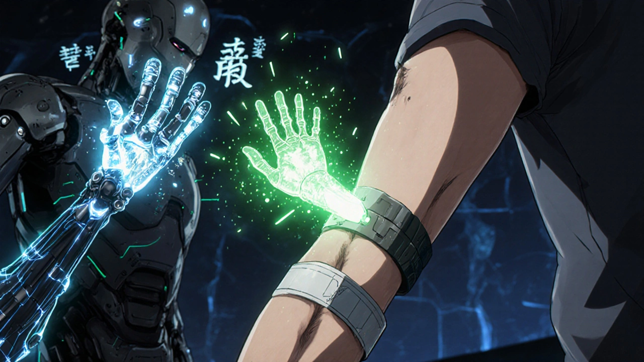 A stump receives a glowing Botox injection as phantom hand energy dissolves into light particles.