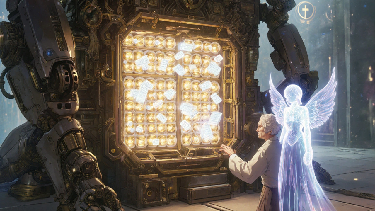 A towering pharmacy machine dispenses glowing pills, an elderly person reaches out as a spirit hovers beside.