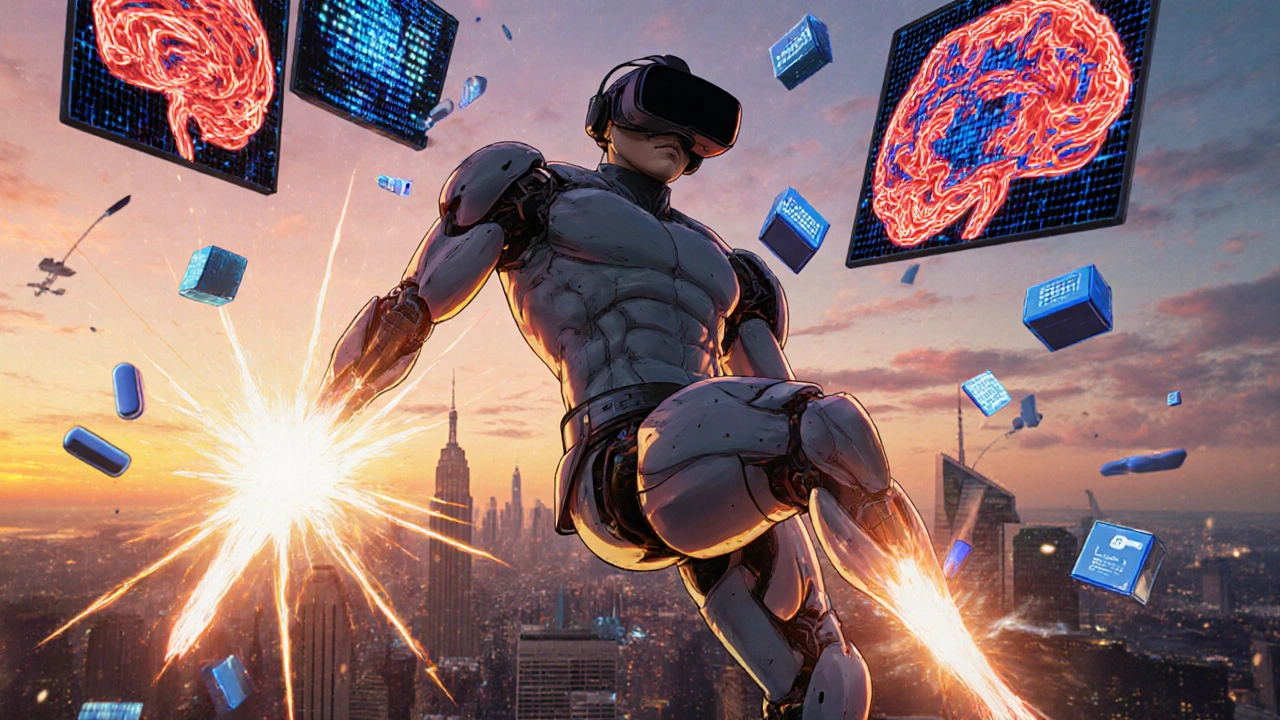 A veteran in VR sees their missing leg restored as a mechanical limb, with brain scans transforming from chaos to calm.