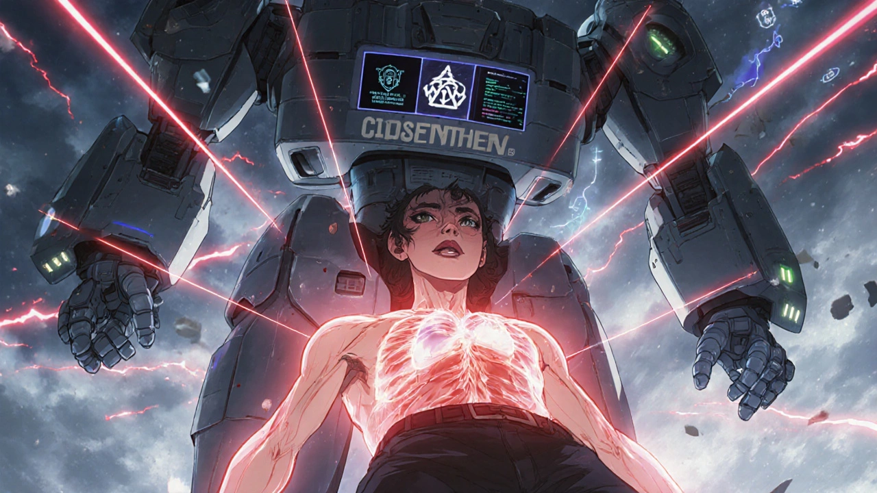 A young man with a glowing inflamed heart, scanned by a giant CDC sentinel robot amid floating medical data and warning lights.
