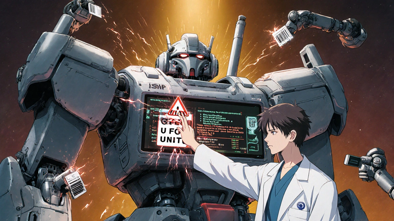 An AI-powered EHR system fixing dangerous drug abbreviations with sparks and holographic warnings.