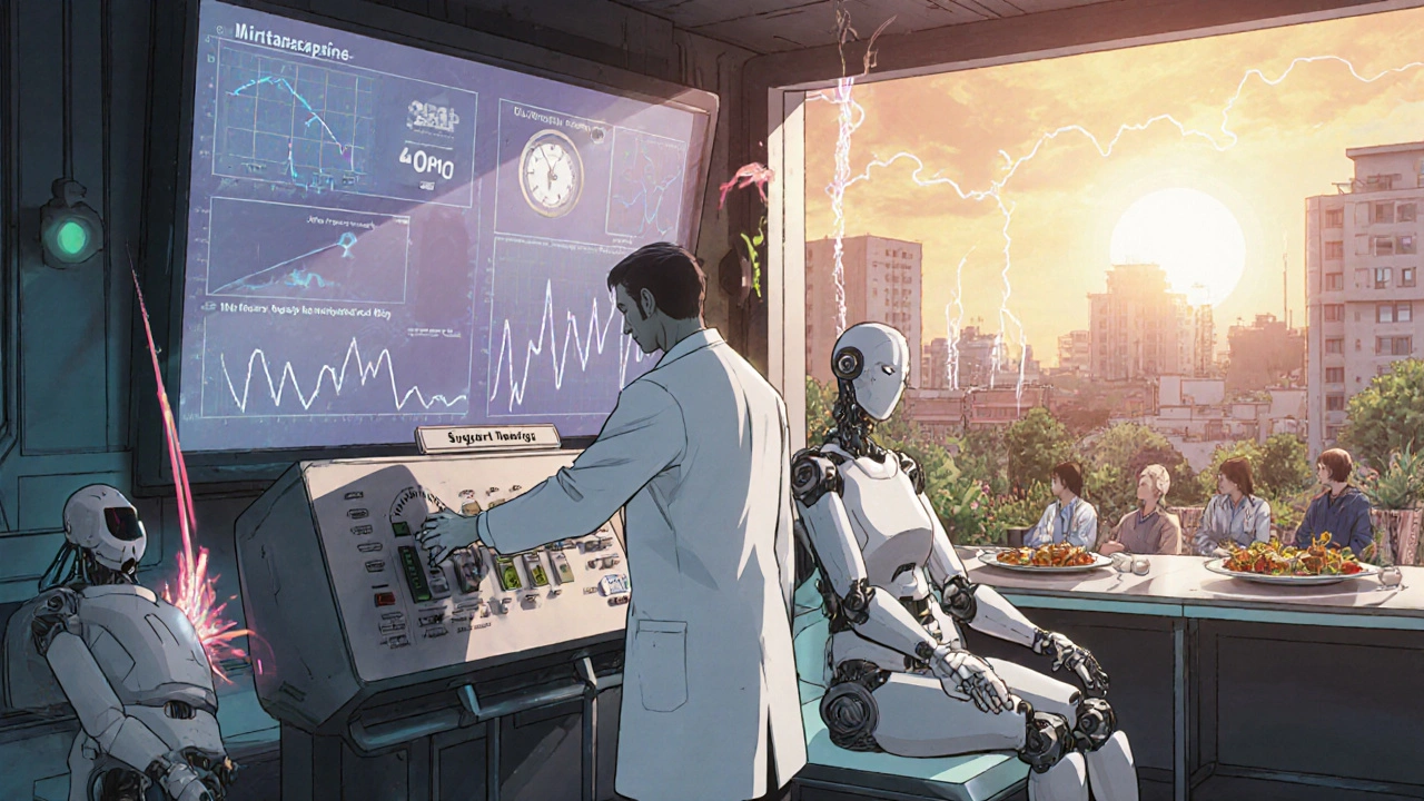 Medical lab with two robotic patients, one shrinking with protein, one swelling with sugar, graphs and sunrise in background.