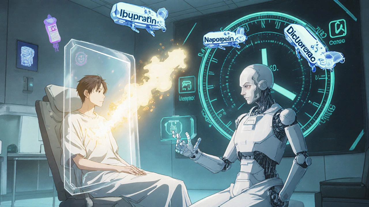 Patient protected by healing robot as NSAID drones explode harmlessly, INR gauge steady at 2.5.