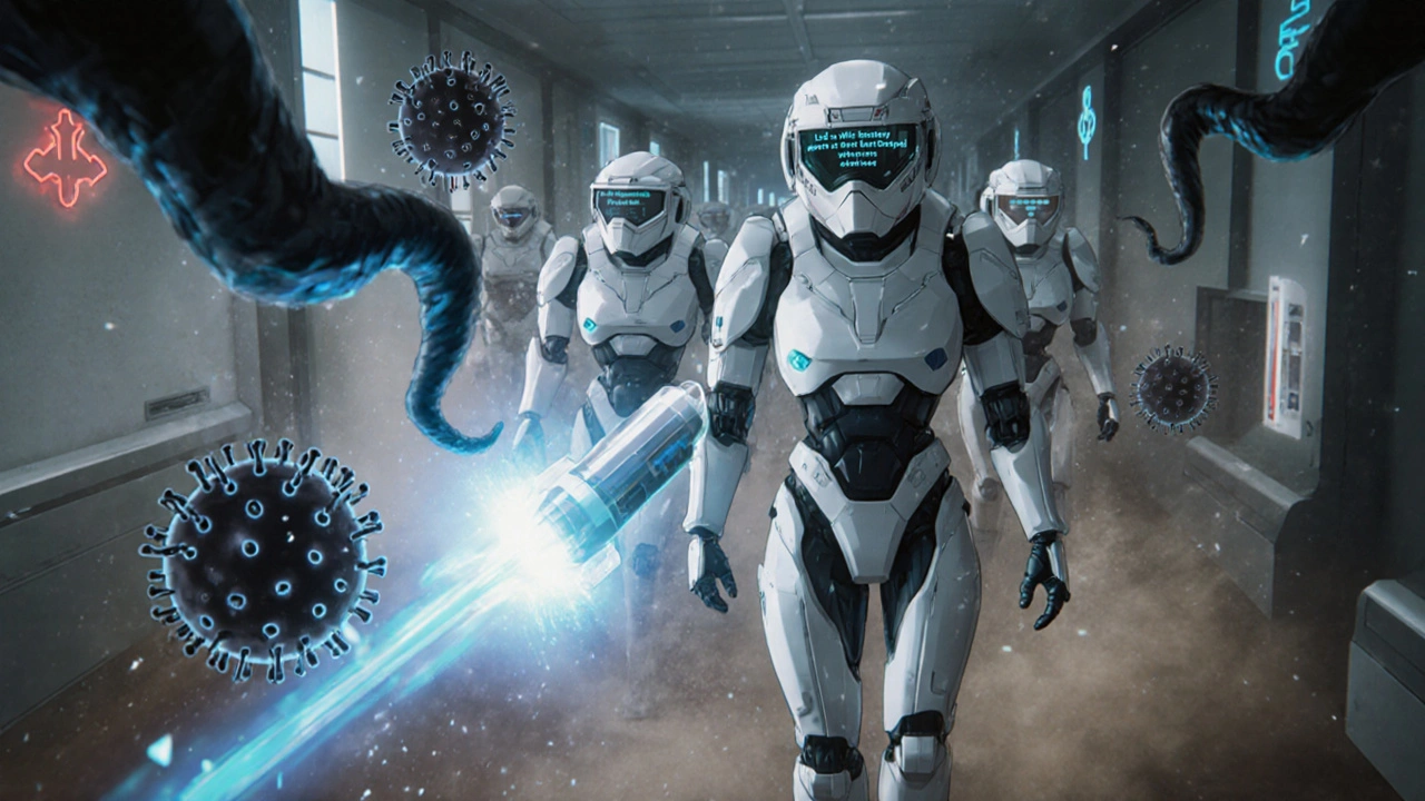 Robotic medics battle infection viruses with corticosteroid beams in a glowing hospital corridor.