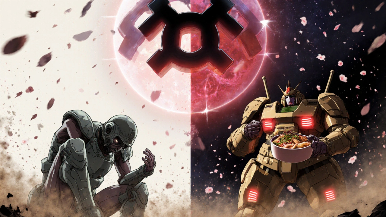 Split-panel of a person transformed from frail to robust, with mirtazapine symbol glowing above, cherry blossoms falling.