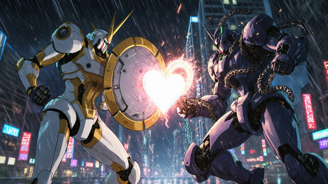 Two robotic beta-blockers battle over a heart core in a stormy hospital skyline.