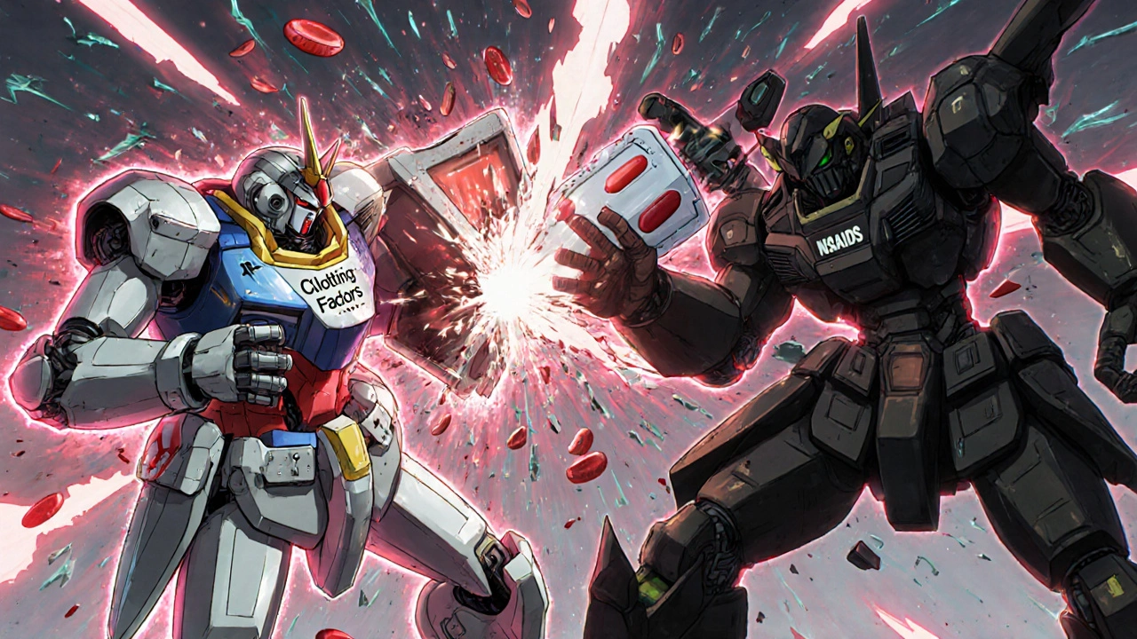 Two robotic soldiers clash with clotting factors vs NSAIDs, doctor trying to insert healing module.