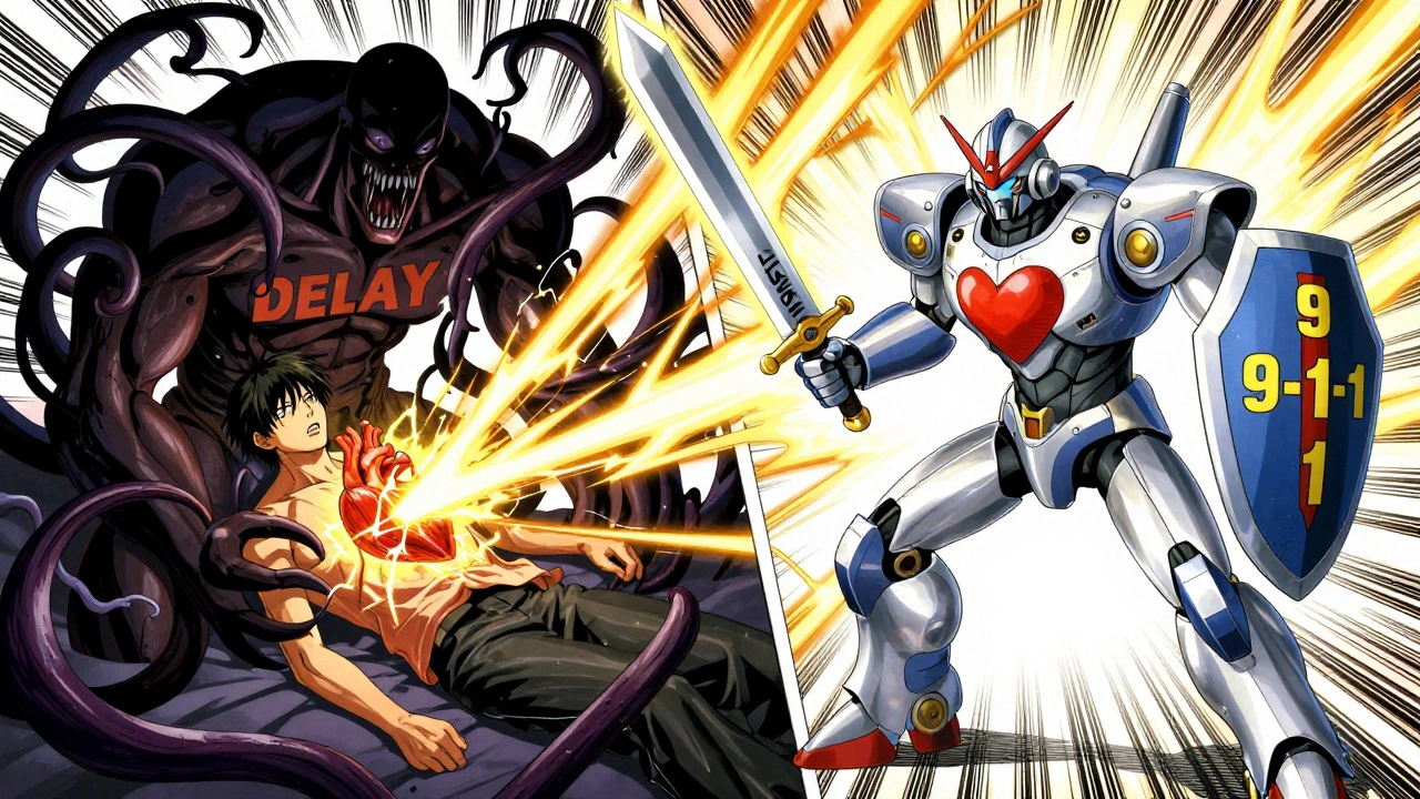 A battle between the shadowy force of delay and a radiant emergency mech saving a patient&#039;s heart.