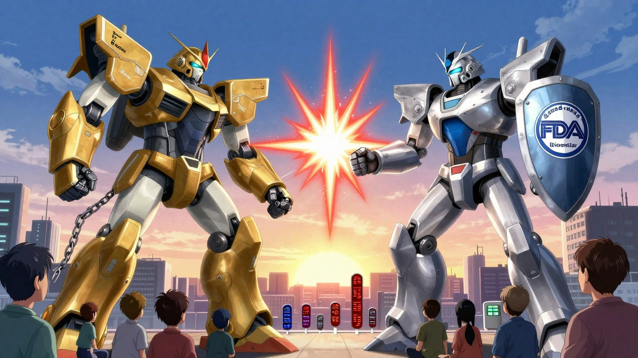 A battle between two mechs—one branded, one biosimilar—rages as patients watch their health metrics rise in the city below.