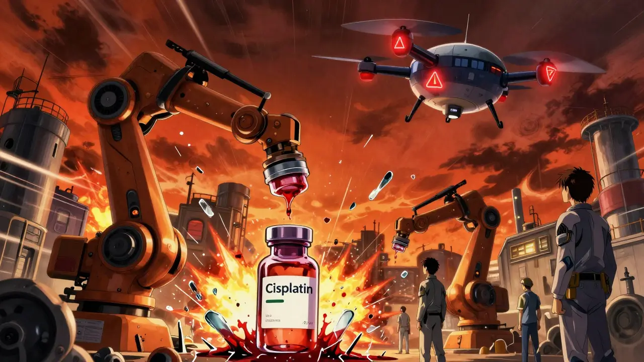 A broken factory robot assembling chemotherapy drugs under a glowing FDA inspection drone.