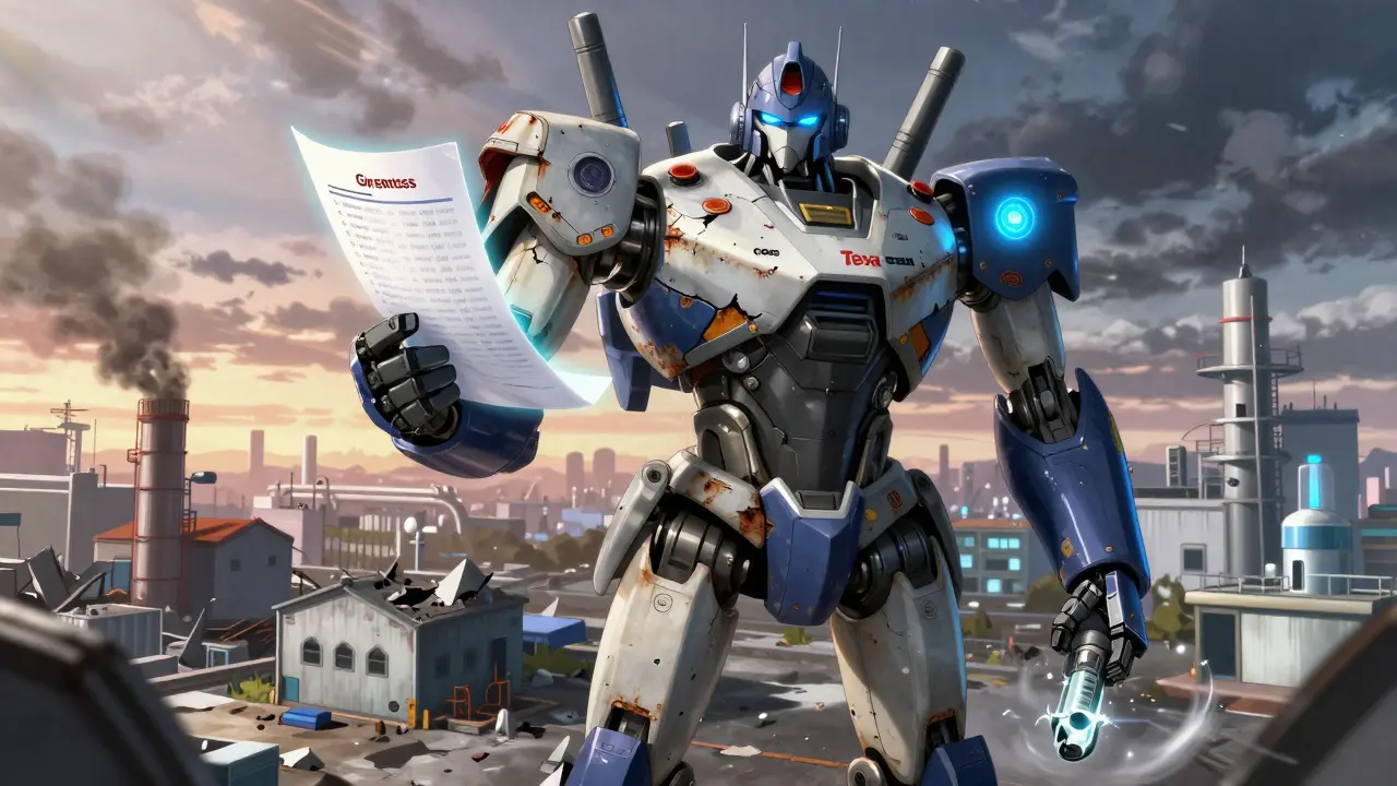 A broken robot faces a sleek rival, symbolizing small manufacturers vs. compliant corporations.