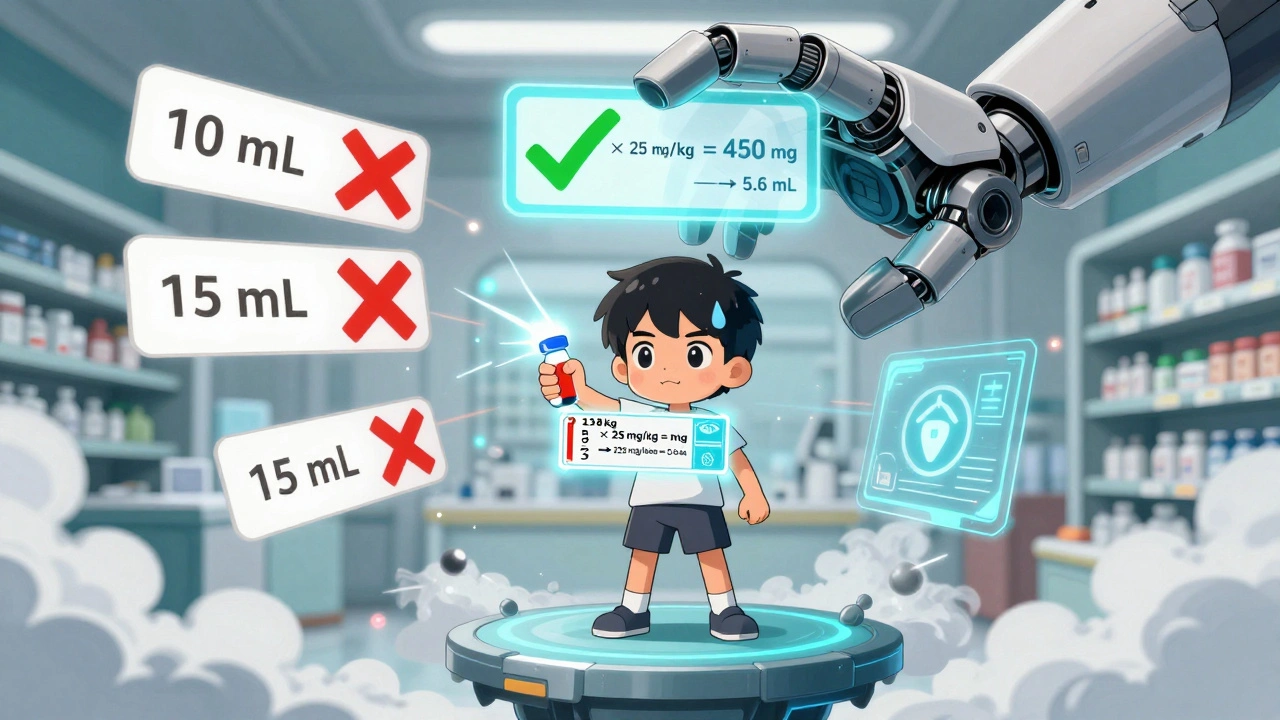 A child watches a holographic dosage calculation appear, while robot arms reject incorrect medicine labels.