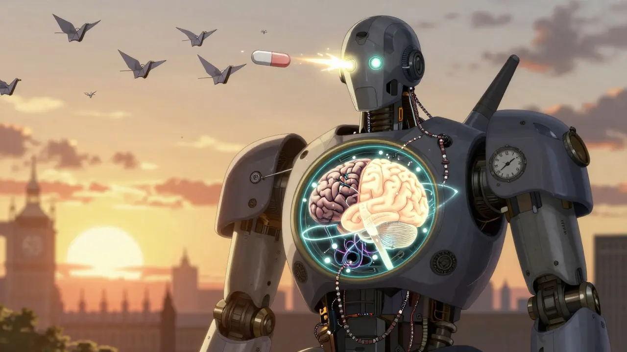 A clockwork robot's brain is split between chaos and clarity, with a single pill firing into a light sensor as morning light floods the scene.