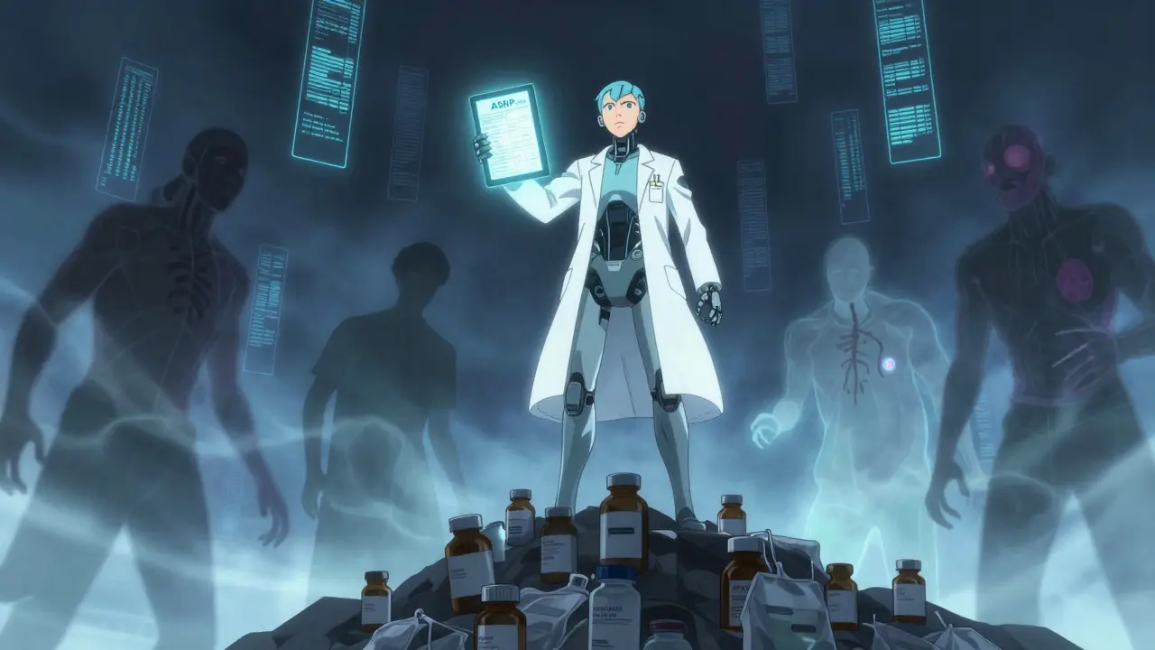 A cybernetic pharmacist standing on a mountain of empty medicine bottles, patients reaching out behind.