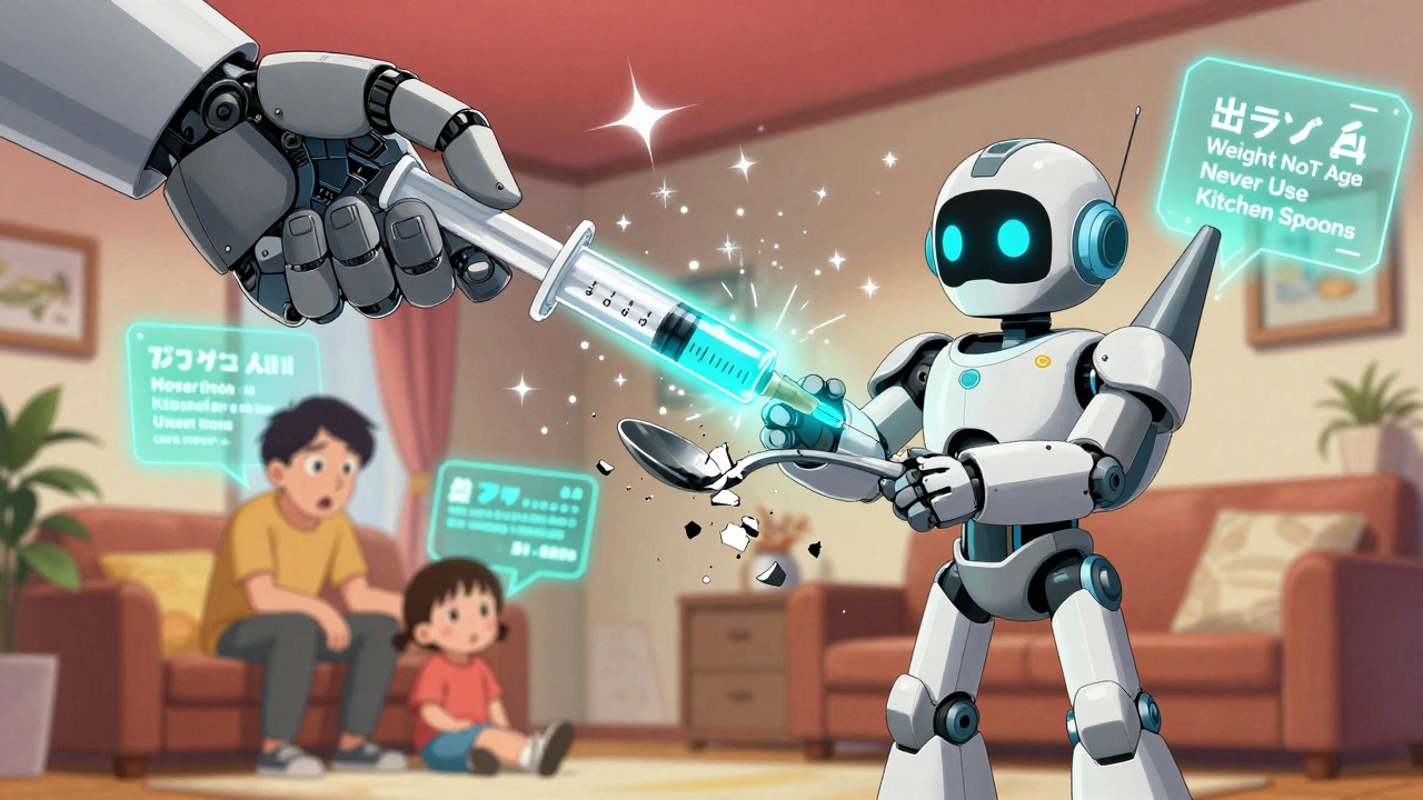 A giant hand replaces a kitchen spoon with a glowing oral syringe as a child and parent watch safely.