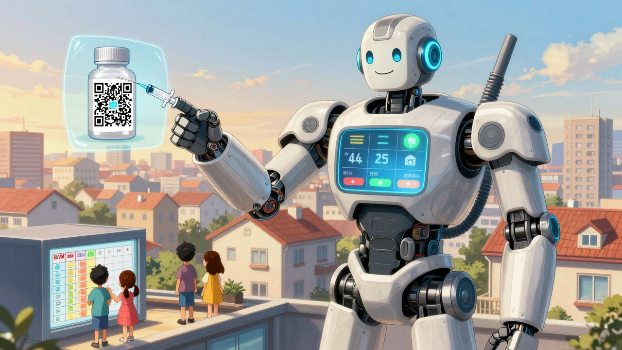 A giant pharmacist robot guards a city, projecting dosing tutorials from medicine QR codes.