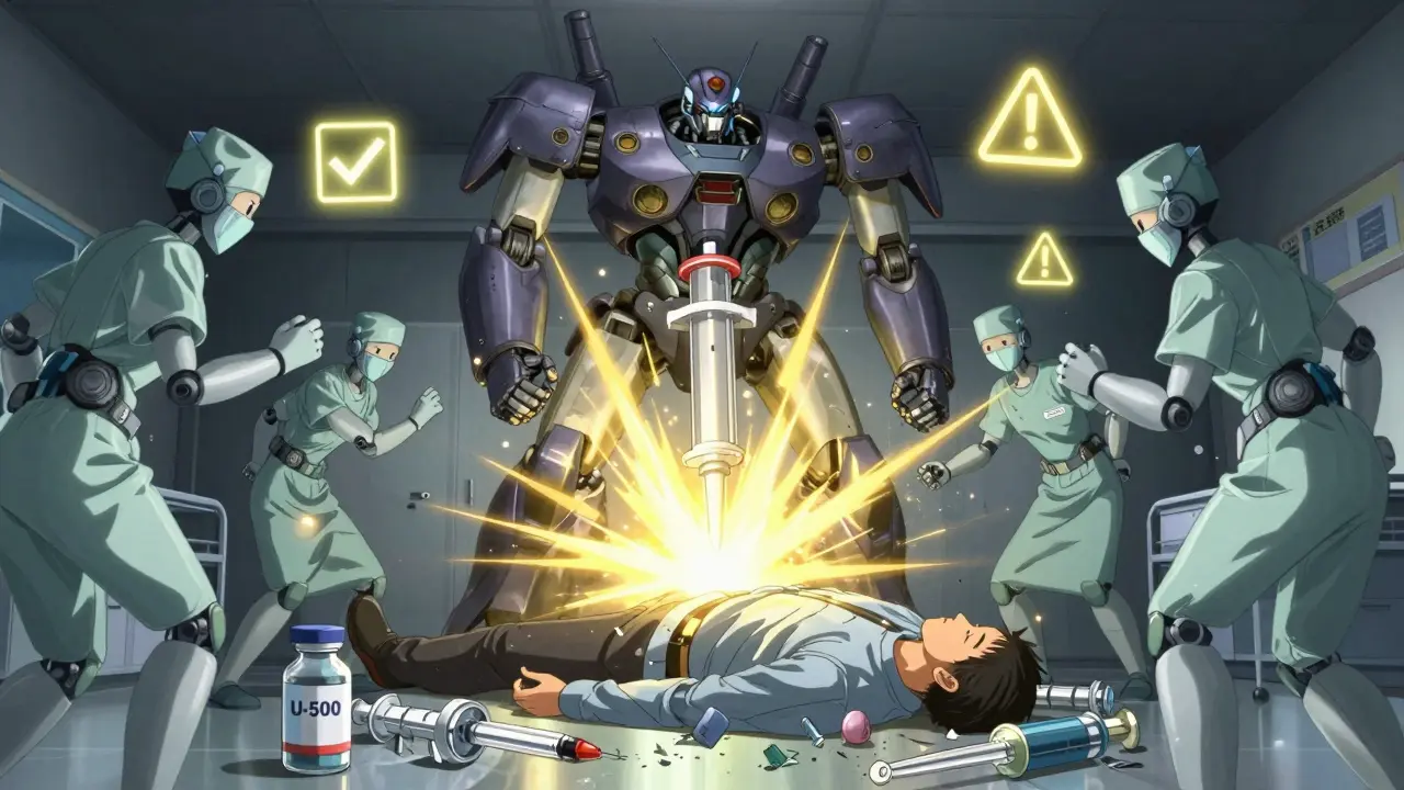 A glucagon mech fires a golden blast to revive a person as robotic nurses rush in, broken vials scattered around.