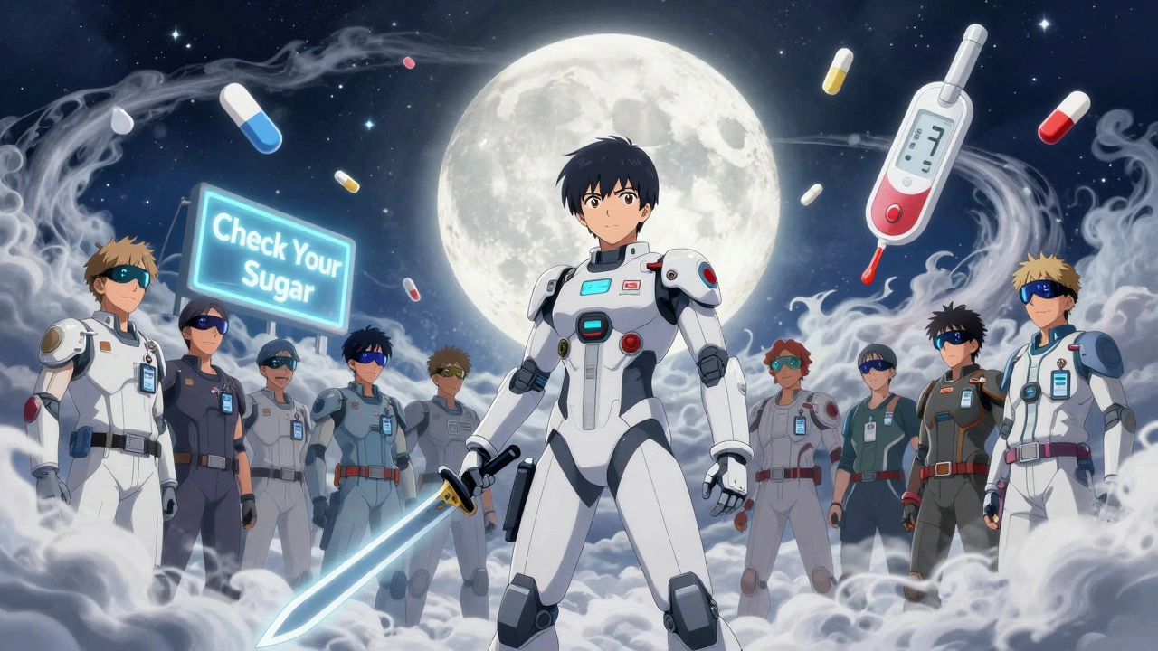 A hero fights alcohol fumes with a glucose tablet sword as allies with CGM visors stand ready in a glowing night scene.