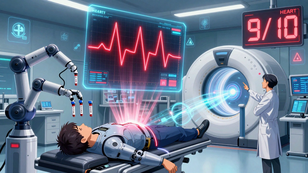 A high-tech ER with holographic ECG and robotic arms testing troponin, digital HEART score flashing 9/10.