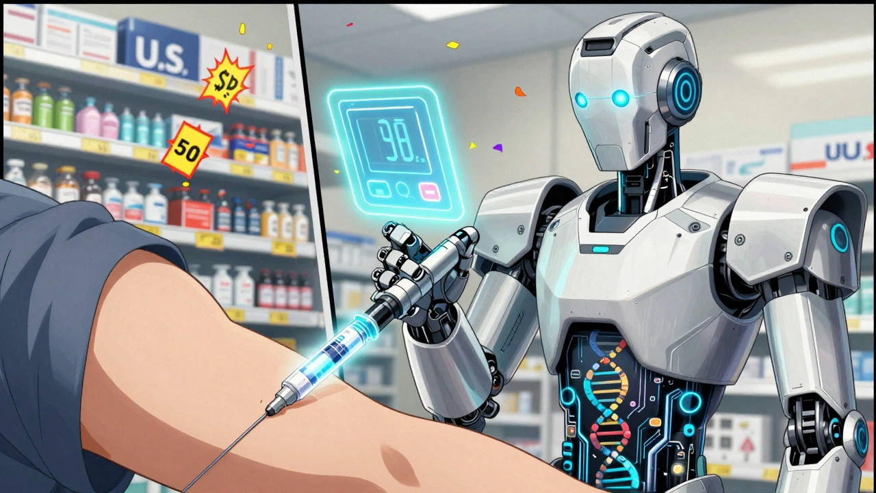 A high-tech insulin pen robot injects a glowing serum while holographic glucose data floats above its hand.