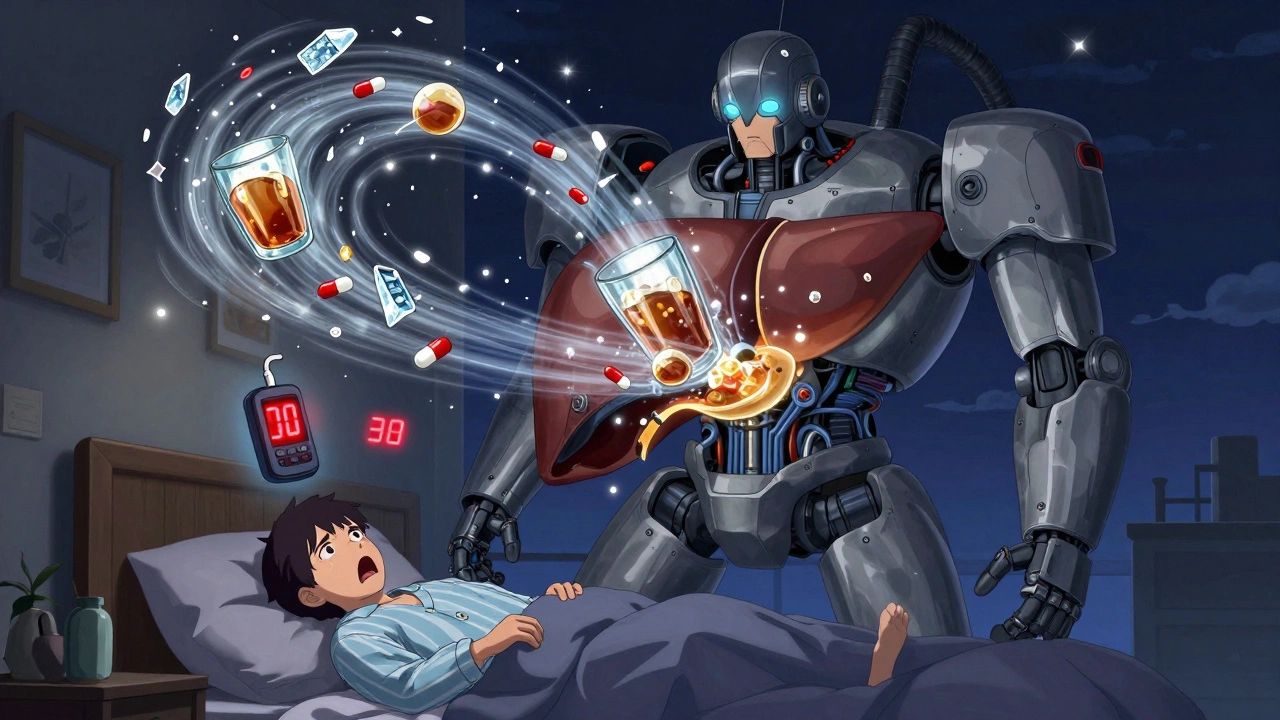 A mechanical liver struggles to process alcohol and metformin while glucose crystals fall, and a person wakes to a CGM alert.