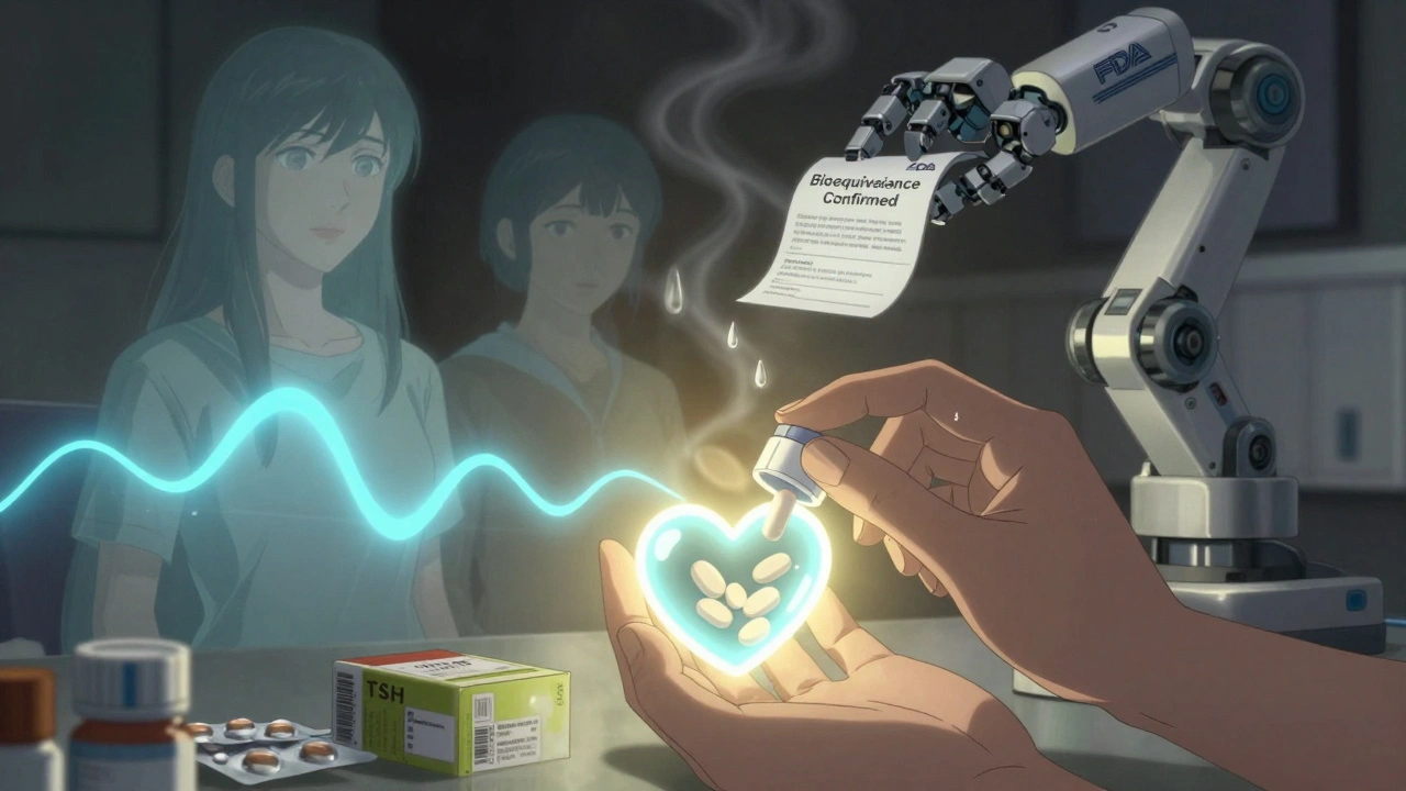 A patient&#039;s hand places a generic pill in a heart-shaped dispenser as their past self fades and TSH levels stabilize in a calm blue wave.