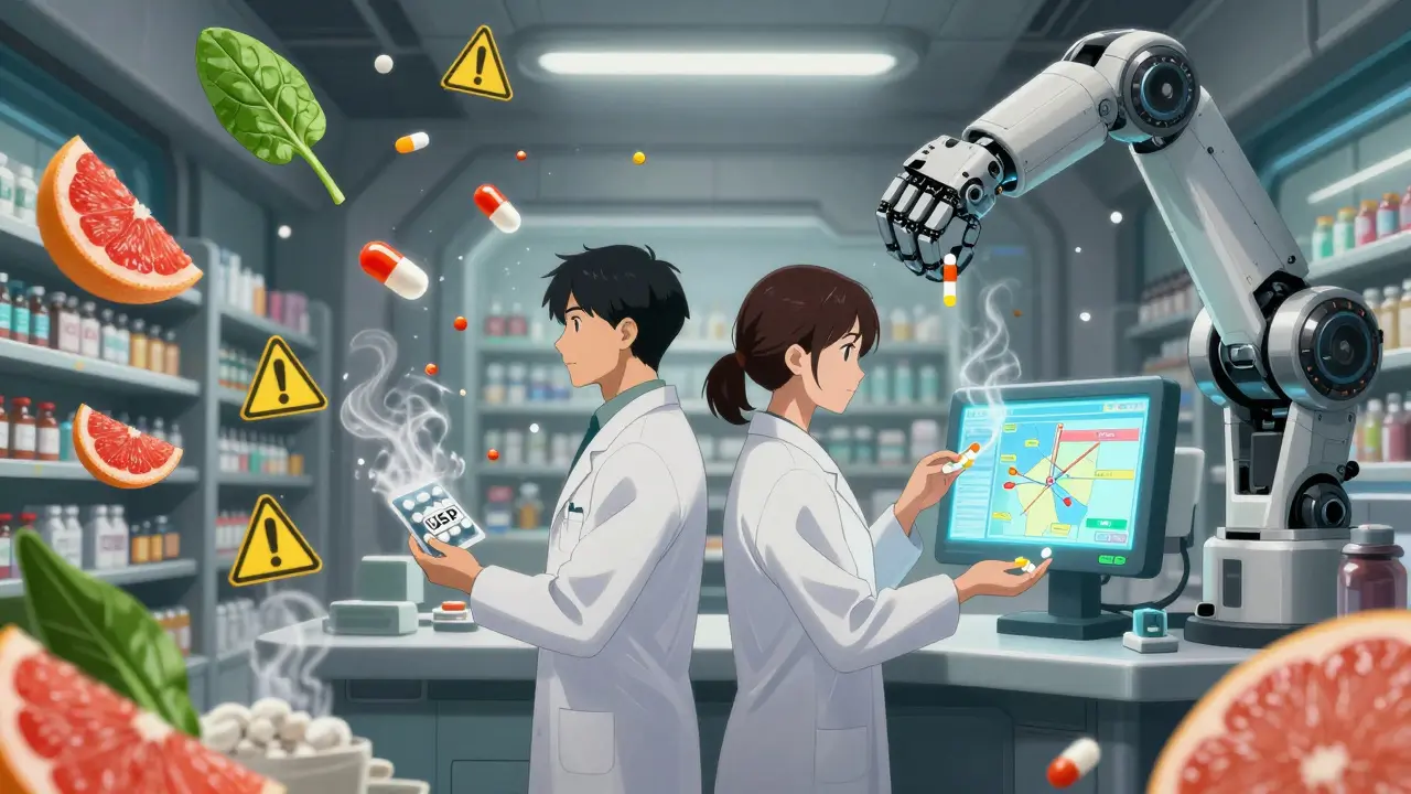A patient and pharmacist stand amid a storm of floating food and drug particles, with a robotic arm delivering a verified supplement in a futuristic pharmacy.