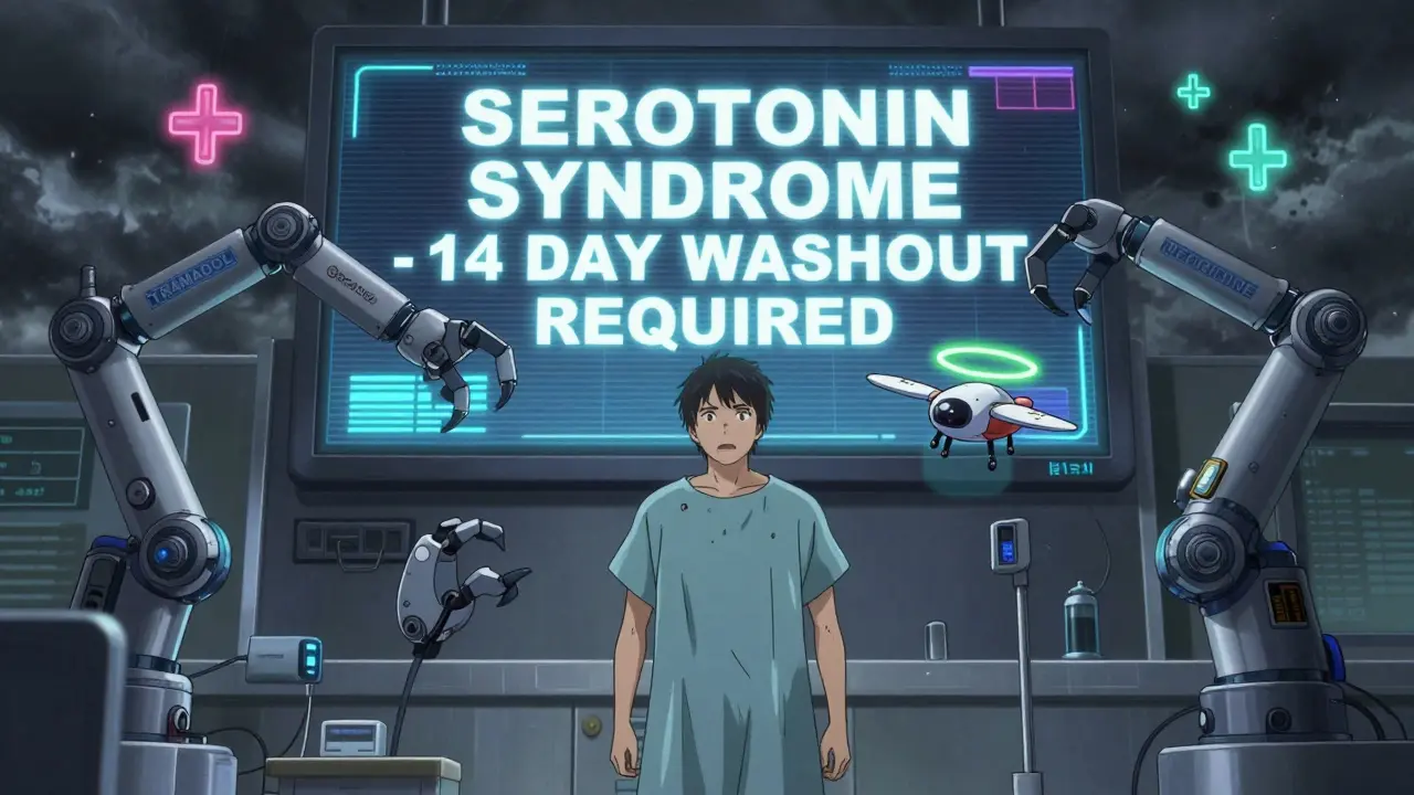 A patient faces dangerous opioid robots while a protective buprenorphine drone hovers nearby.