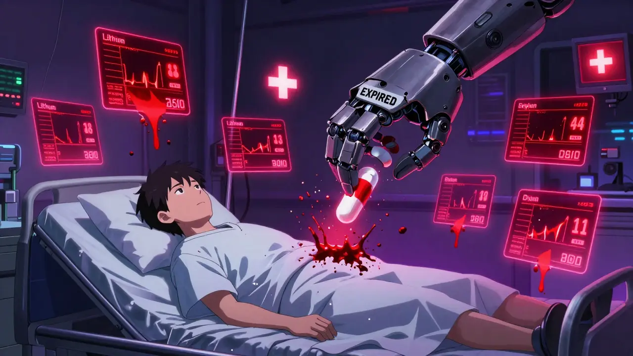 A patient in a hospital is surrounded by crashing blood level readouts as an expired pill is destroyed.