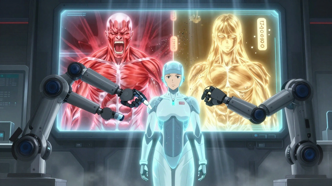 A patient receiving a statin capsule as holograms show muscle pain turning to healing light in a high-tech lab.