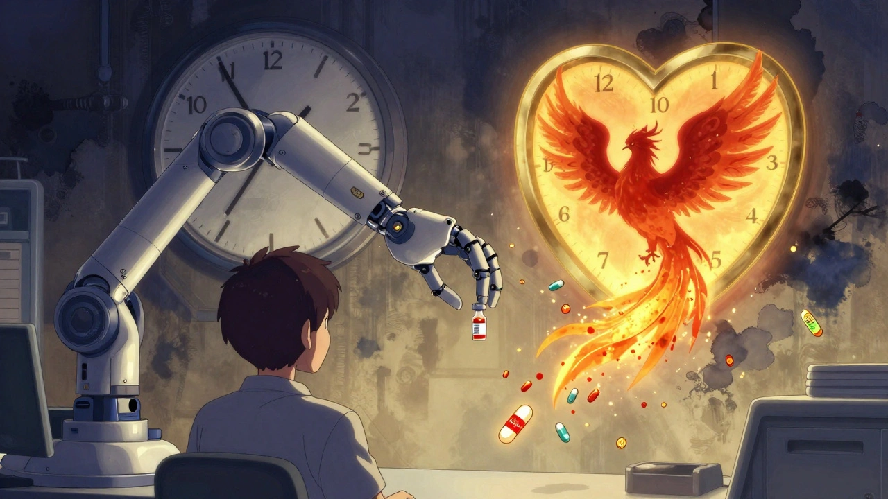 A patient’s shadow becomes a phoenix as LDL particles burn away, surrounded by floating cholesterol-lowering medications.