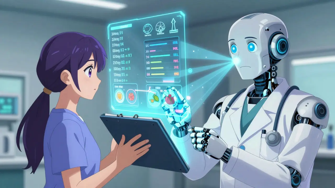 A patient using a holographic side effect tracker with a robotic doctor analyzing data.