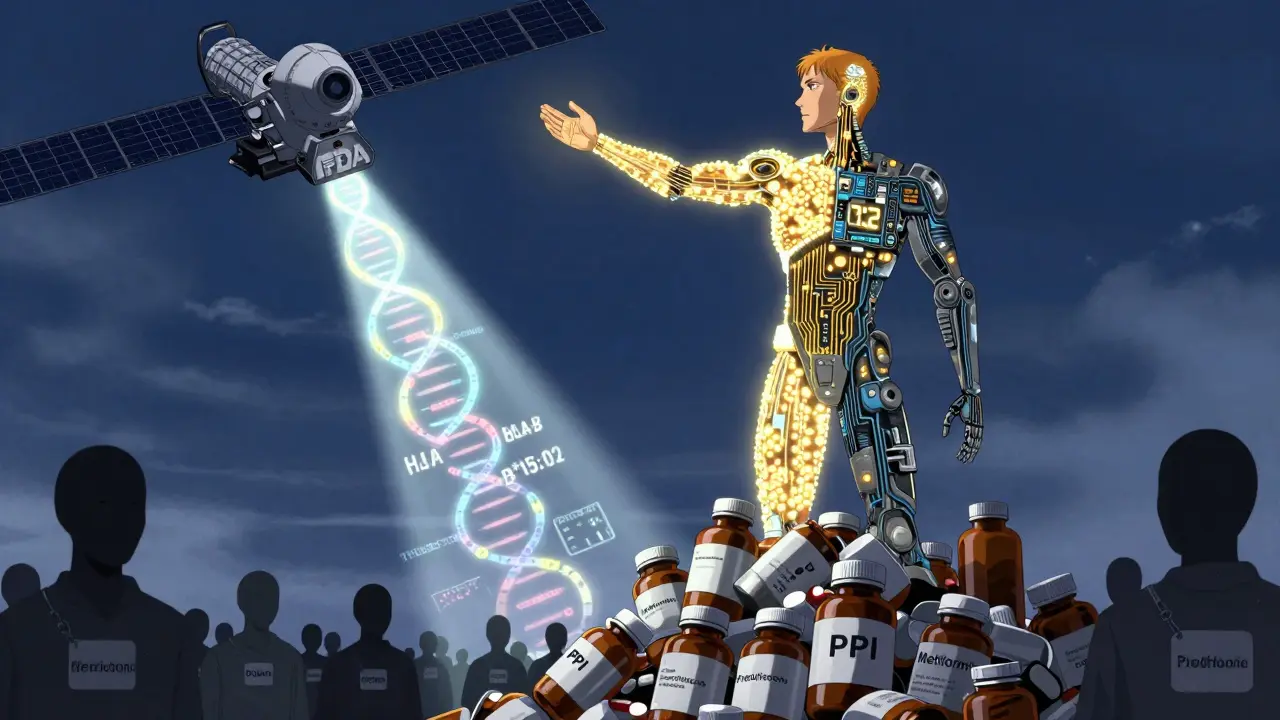 A person transformed into biomechanical form, reaching for a glowing genetic code amid mountains of pill bottles.