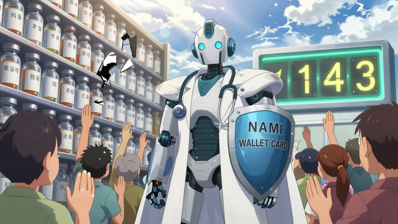 A pharmacist robot defends against shattered opioid vials as a 14-day countdown ticks to safety.