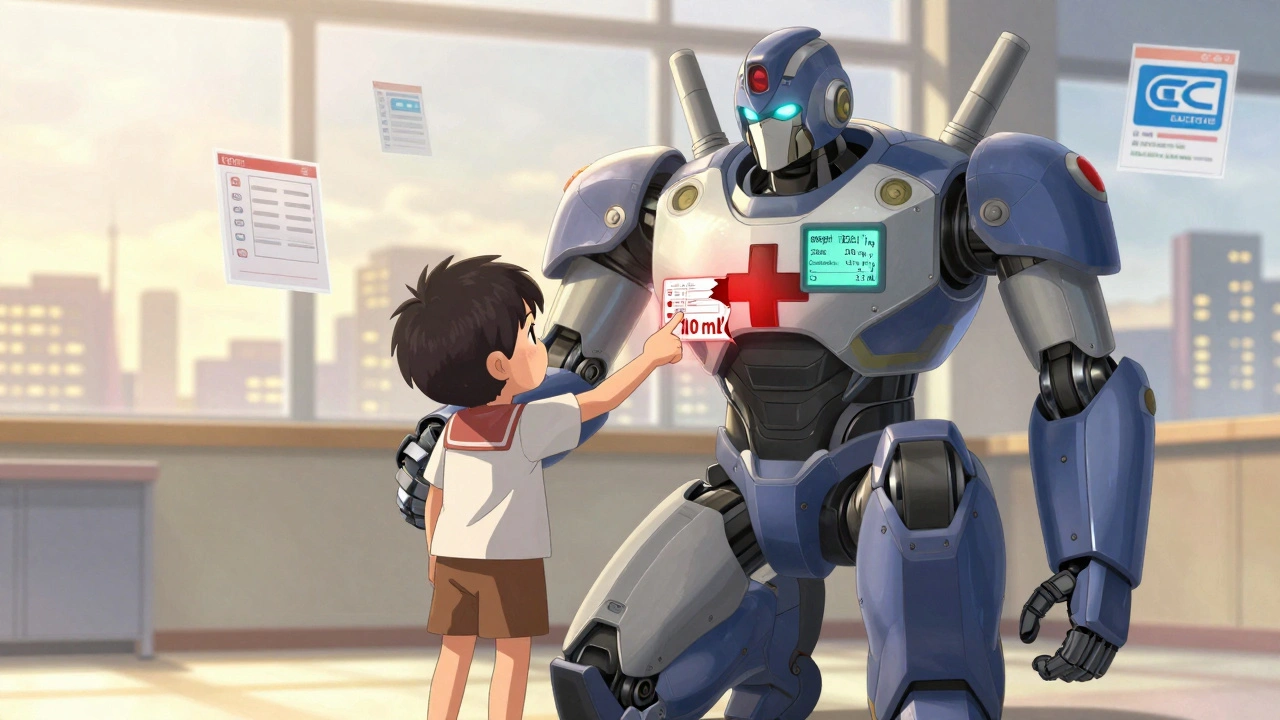 A protective robot guardian verifies a child&#039;s correct medicine dose beside a parent, warning against errors.