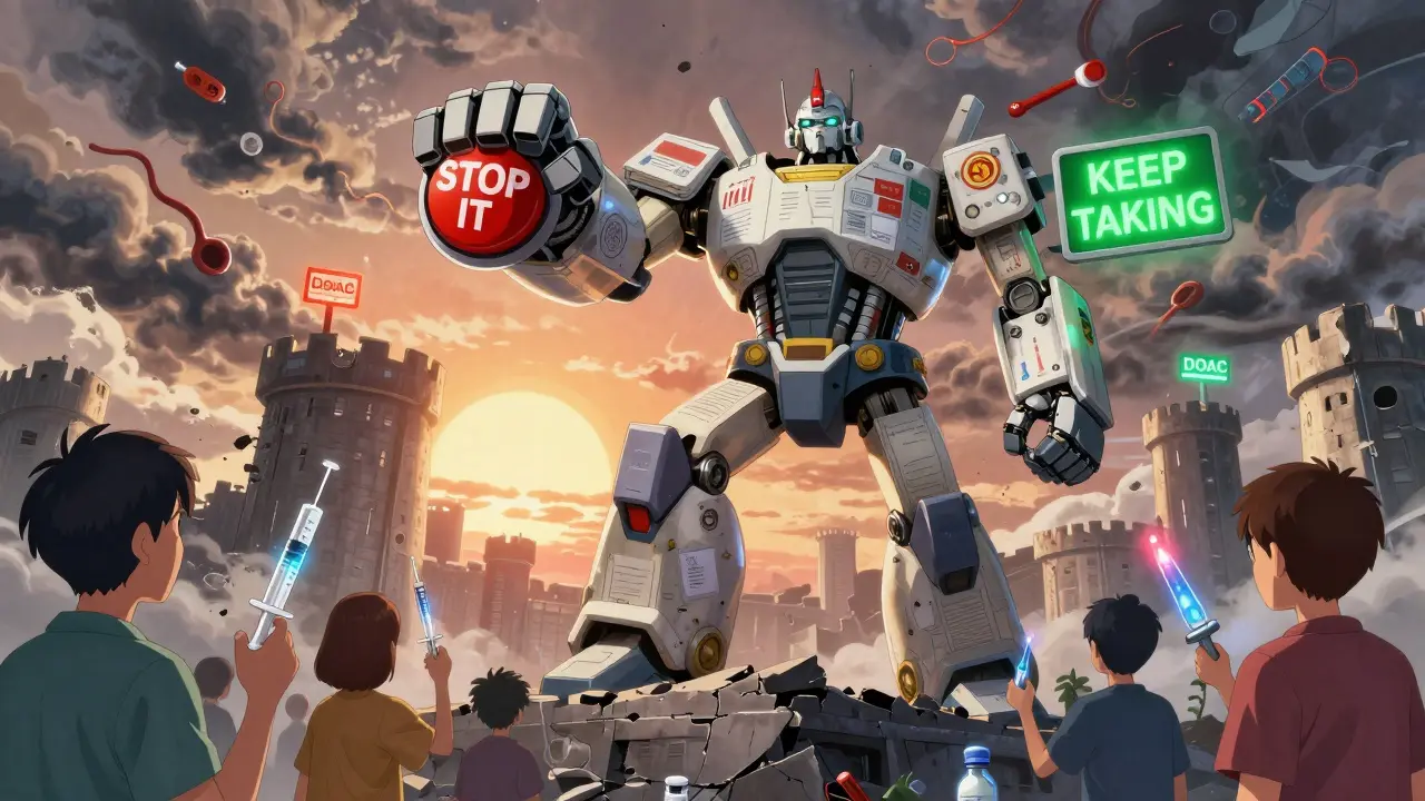 A robot warrior crushes a 'Stop It' button while guiding patients to keep their blood thinners.