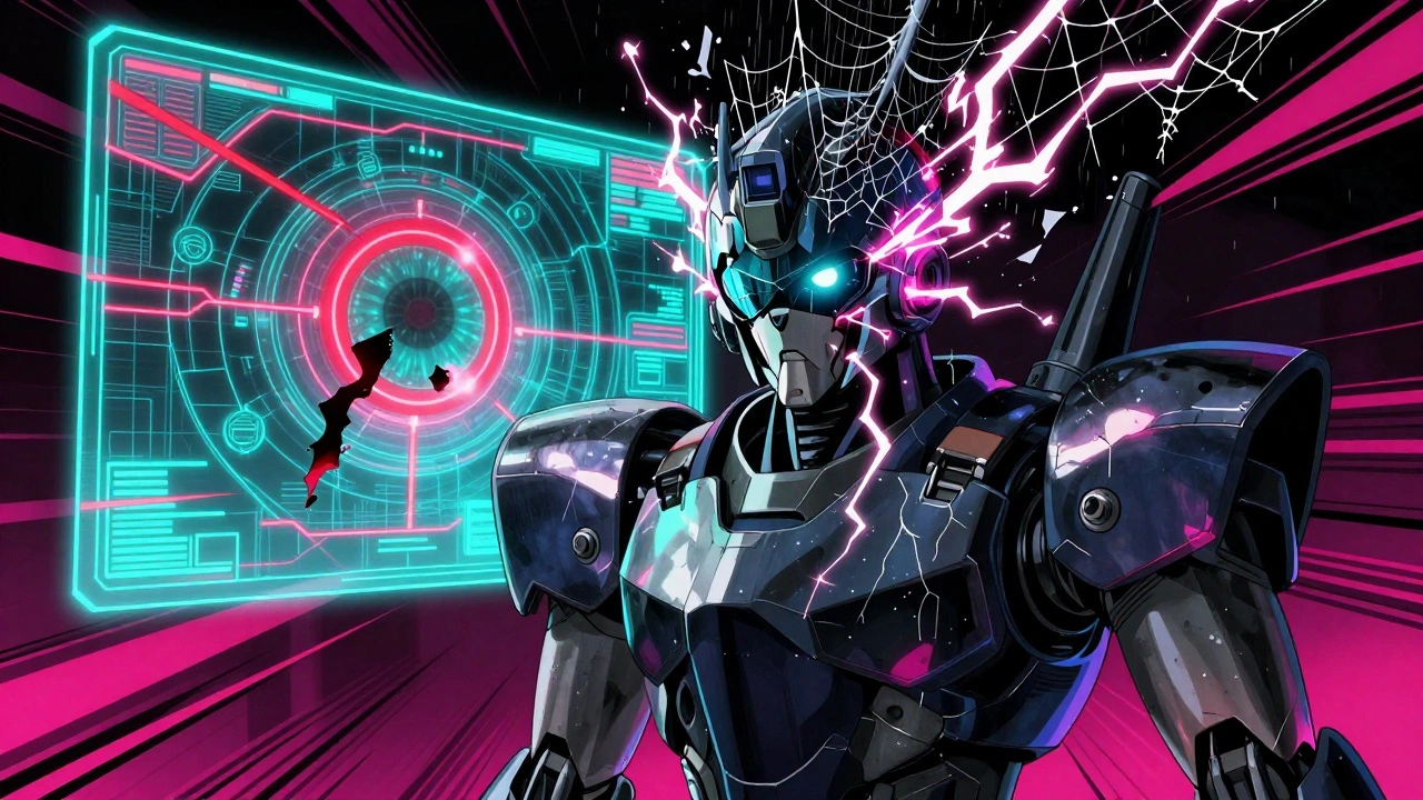 A robot with a cracked visor surrounded by exploding floaters and electric flashes, retinal tear glowing behind it.