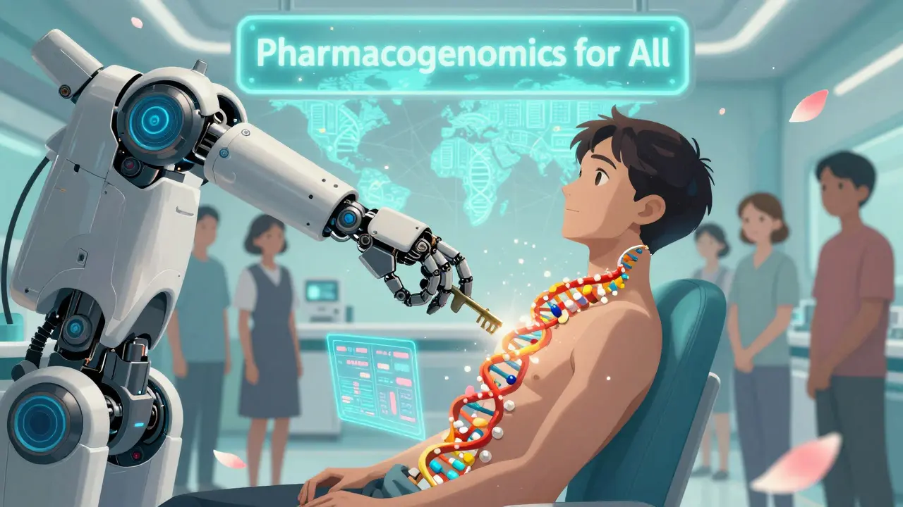 A robotic arm inserting a DNA key into a patient while holographic drug responses float around them.