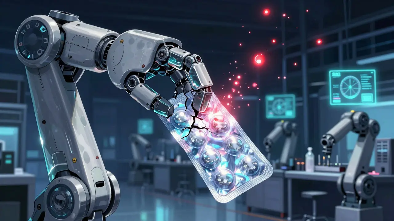 A robotic arm replaces dangerous packaging with a safe shield as harmful particles vanish.