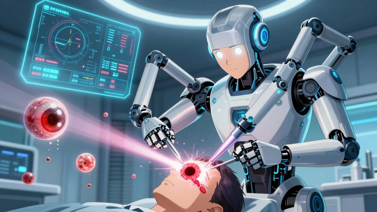 A robotic doctor using laser tools to repair a glowing retinal tear, surrounded by dissolving vitreous clumps.